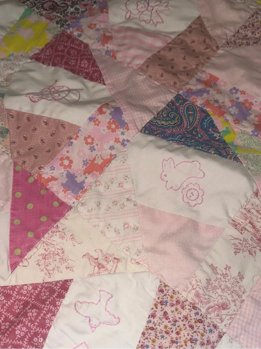 Handmade Pink Patchwork Quilt - Soft Floral & Embroidered Design